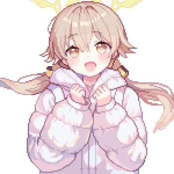 1girl alternate_costume blue_archive brown_hair commentary down_jacket hair_between_eyes halo hands_up hifumi_(blue_archive) hood hood_down hooded_jacket jacket long_hair looking_at_viewer low_twintails open_mouth pixel_art simple_background smile solo tinia_etru twintails upper_body white_background white_jacket yellow_eyes yellow_halo