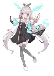 Rule 34 | 1girl, absurdres, alternate hairstyle, black camisole, bloomers, bow, bubble tea, camisole, choker, circuit board print, collarbone, cup, detached sleeves, disposable cup, dragon girl, drink, drinking straw, flat chest, grey hair, headband, highres, holding, holding cup, holding drink, holographic horns, ibuki meno, indie virtual youtuber, long hair, low twintails, mascot, mechanical tail, navel, official alternate costume, prism project, purple eyes, second-party source, see-through, siragagaga, slippers, solo, tail, thighhighs, twintails, underwear, white bloomers