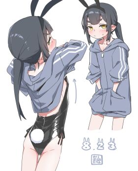 1girl akari_(raigou) animal_ears black_hair black_leotard bunny_day closed_mouth elf fake_animal_ears fake_tail flat_chest grey_jacket highres hood hooded_jacket jacket leotard loli long_hair nipples original playboy_bunny pointy_ears ponytail rabbit_ears rabbit_tail raigou seal_impression side-tie solo tail thick_eyebrows very_long_hair white_background yellow_eyes zipper