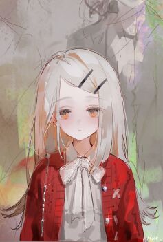 1girl blonde_hair bow bowtie cardigan closed_mouth collared_shirt expressionless flipped_hair gakuen_idolmaster gradient_background gradient_hair grey_background grey_hair hair_ornament hairclip highres hue_0813 idolmaster light_blush long_hair looking_to_the_side multicolored_hair open_cardigan open_clothes orange_eyes parallel_hairclips parted_bangs red_cardigan shinosawa_hiro shirt signature solo strap white_bow white_bowtie white_shirt