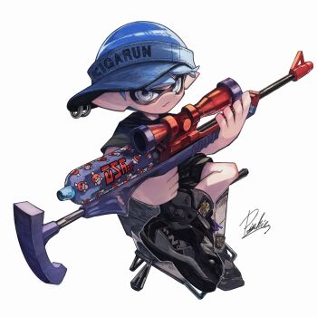 1boy absurdres black_shirt black_shoes blue_hair blue_hat closed_mouth commentary_request gun hat highres holding holding_gun holding_weapon inkling inkling_boy inkling_player_character looking_at_viewer male_focus mhxbump nintendo print_hat rifle shirt shoes short_hair sideways_hat signature simple_background sitting smirk solo splat_charger_(splatoon) splatoon_(series) splatoon_3 tentacle_hair visor_cap weapon white_background
