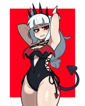 1girl absurdres arms_behind_head blush breasts demon demon_girl demon_horns demon_tail helltaker highres horns long_hair looking_at_viewer lucifer_(helltaker) mole mole_under_eye muds one-piece_swimsuit red_background red_eyes swimsuit tail thighs white_hair