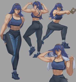 Rule 34 | 1girl, alternate costume, ass, bare shoulders, black leggings, blue eyes, blue hair, blue sports bra, breasts, cleavage, closed eyes, closed mouth, collarbone, commentary, english commentary, falchion (fire emblem), fighting, fire emblem, fire emblem awakening, flexible, flexing, full body, hair between eyes, highres, holding, holding sword, holding towel, holding weapon, leekypooart, leggings, long hair, looking at viewer, lucina (fire emblem), medium breasts, midriff, multiple views, muscular, muscular female, navel, nintendo, simple background, smile, socks, sports bra, stretching, sword, tiara, towel, towel around neck, weapon