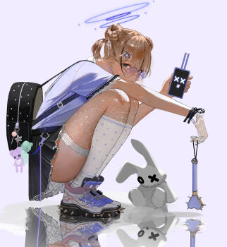 1girl absurdres backpack bag bag_charm black_skirt blonde_hair cellphone charm_(object) commentary double_bun earrings fishnet_thighhighs fishnets from_side ganet_p glasses gloves hair_bun hair_ornament halo highres holding holding_phone jewelry looking_at_viewer looking_to_the_side miniskirt o_x original phone reflective_floor round_eyewear shirt shirt_tucked_in shoes short_hair short_sleeves simple_background single_glove skirt sneakers socks solo spiked_shoes spikes squatting star_(symbol) star_hair_ornament stuffed_animal stuffed_rabbit stuffed_toy thighhighs white_background white_gloves white_shirt white_socks