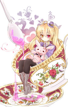 1girl :< ahoge black_pantyhose blonde_hair blush closed_mouth collared_shirt commentary_request dot_nose frown grey_shoes hat heart heterochromia highres holding holding_stuffed_toy hosimiya_yume jacket liquid mini_hat necktie original pantyhose pink_eyes purple_hat purple_jacket purple_necktie shirt shoes solo spoon stuffed_animal stuffed_rabbit stuffed_toy teapot twintails white_shirt yellow_eyes