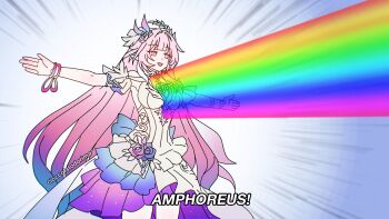 1girl artist_name blue_hair bracelet breasts cioccolatodorima commentary cowboy_shot cyrene_(honkai:_star_rail) cyrene_(ripples_of_past_reverie)_(honkai:_star_rail) diamond-shaped_pupils diamond_(shape) dress dress_flower emphasis_lines english_commentary flower frilled_dress frills gradient_hair highres honkai:_star_rail honkai_(series) jewelry large_breasts long_hair multicolored_hair open_mouth outstretched_arms pink_eyes pink_flower pink_hair pink_rose pointy_ears rainbow rose smile solo subtitled symbol-shaped_pupils very_long_hair white_dress