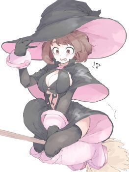!? 1girl absurdres adapted_costume black_thighhighs boku_no_hero_academia boots breasts broom broom_riding brown_eyes brown_hair center_opening cleavage hat highres large_breasts mocamocaink navel pink_boots thighhighs uraraka_ochako white_background witch_hat