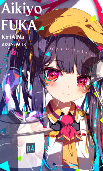 1girl absurdres artist_name black_hair black_horns black_shirt blue_archive blunt_bangs blush character_name closed_mouth collared_shirt commentary_request dated fuuka_(blue_archive) hair_on_horn hat highres horns kiriaina long_hair necktie portrait red_eyes shirt simple_background smile solo vest white_background white_vest yellow_hat yellow_necktie