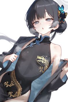 1girl absurdres black_coat black_dress blue_archive blush breasts butterfly_hair_ornament china_dress chinese_clothes coat commentary_request double_bun dragon_print dress floating_hair hair_bun hair_ornament highres kisaki_(blue_archive) long_hair long_sleeves looking_to_the_side mellow_(srpp4843) open_clothes open_coat open_mouth pelvic_curtain print_dress simple_background single_bare_shoulder single_off_shoulder sleeveless sleeveless_dress small_breasts solo steaming_body striped_coat twintails vertical-striped_coat white_background