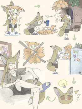 2girls ^_^ animal_ear_fluff animal_ears arknights arrow_(symbol) black_shorts blue_sandals bound chinese_commentary closed_eyes commentary_request couch drying figure_four_sitting fox_ears fox_girl fox_tail furrification furry green_eyes grey_shirt hair_dryer hand_on_own_knee highres holding holding_hair_dryer kid_taped_to_wall_(meme) kitsune kyuubi light_bulb meme mother_and_daughter multiple_girls multiple_tails multiple_views no_pupils on_couch person_and_furrification puddle red_eyes refrigerator sandals shirt shorts sitting slides suzuran_(arknights) t-shirt tail tape tied_up_(nonsexual) translation_request urdo_wudong vulpisfoglia_(arknights)