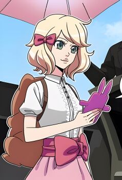 1girl backpack bag blonde_hair blue_eyes cellphone female_focus let&#039;s_play:_quest-darake_no_my_life looking_down phone pink_skirt shirt skirt sky smile sweet_olivia upper_body white_shirt