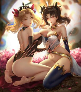 2girls ass back black_hair blonde_hair blurry blurry_background breast_press breasts carpet chunwhei_lee day earrings ereshkigal_(fate) fate_(series) feet gold huge_breasts ishtar_(fate) jewelry kneeling lips long_hair looking_at_viewer looking_back multiple_girls navel petals red_eyes signature soles thighhighs twintails veil yellow_eyes yuri