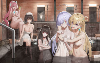 5girls absurdres aemeath_(wuthering_waves) black_hair blonde_hair breasts chisa_(wuthering_waves) closed_eyes collarbone colored_eyelashes commentary_request completely_nude covering_privates earrings female_rover_(wuthering_waves) food grey_hair hair_between_eyes hair_ornament hair_over_one_eye highres holding holding_food hug jewelry korean_commentary long_hair looking_at_viewer lynae_(wuthering_waves) medium_breasts mornye_(wuthering_waves) multiple_girls naked_towel navel nude nude_cover onsen open_mouth partially_submerged pink_hair ponytail purple_eyes red_eyes rover_(wuthering_waves) sitting skull_hair_ornament smile soul_(smfa2555) standing star_(symbol) star_earrings stomach towel wuthering_waves yellow_eyes