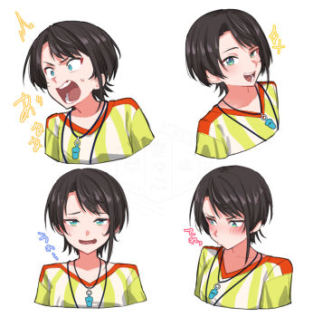 1girl averting_eyes black_hair blush commentary embarrassed hashtag-only_commentary hololive karakr_shin looking_at_viewer multiple_expressions multiple_views oozora_subaru oozora_subaru_(1st_costume) open_mouth shirt short_hair simple_background smug striped_clothes striped_shirt surprised swept_bangs symbol-only_commentary translation_request upper_body vertical-striped_clothes vertical-striped_shirt virtual_youtuber whistle whistle_around_neck white_background yellow_shirt