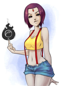 1girl animification arm_behind_back bare_shoulders bindi breasts cleavage colored_skin cosplay cowboy_shot crop_top crop_top_overhang cropped_legs dc_comics denim denim_shorts ehryel facial_mark female_focus forehead_jewel forehead_mark grey_skin head_tilt hip_focus looking_at_viewer magic medium_breasts midriff misty_(pokemon) misty_(pokemon)_(cosplay) navel nintendo poke_ball pokemon pokemon_(anime) pokemon_(classic_anime) purple_hair raven_(dc) shirt short_hair short_shorts shorts sleeveless sleeveless_shirt smile smirk solo suspenders tank_top teen_titans yellow_shirt