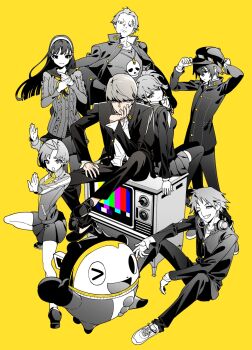 4boys 4girls :d :| amagi_yukiko animal_ears antenna_hair arm_up arms_on_knees badge bear_ears black_hair black_jacket black_pants black_shoes blunt_ends bodysuit boxing_gloves breasts bullet_necklace button_badge buttons newsboy_cap closed_mouth crt dial_television ear_piercing expressionless fighting_stance flat_chest floating_hair frown grey_eyes grey_hair grin group_picture hair_between_eyes hair_slicked_back hanamura_yousuke hand_on_hand hand_on_headwear hand_on_own_face hand_on_own_hat hand_on_own_leg hat headband headphones headphones_around_neck highres jacket jacket_on_shoulders knee_up knees_up kujikawa_rise kuma_(persona_4) long_hair long_sleeves looking_at_viewer looking_down miniskirt multiple_boys multiple_girls narukami_yu neckerchief one_eye_closed open_clothes open_jacket open_mouth oxnxgolfqt76300 pants pantyhose partially_colored persona persona_4 piercing popped_collar sailor_collar satonaka_chie scar scar_on_face scar_on_forehead school_uniform shirogane_naoto shirt shoes short_hair sidelocks simple_background sitting sitting_on_object skirt skull_print small_breasts smile sneakers standing standing_on_one_leg static sweater t-shirt tatsumi_kanji television thighhighs track_jacket turning_head twintails very_short_hair white_shirt yasogami_school_uniform yellow_background yellow_neckerchief yellow_theme zettai_ryouiki zipper