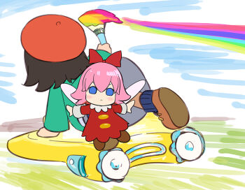 2girls abe_kanari adeleine black_hair blue_eyes brown_shoes censored character_censor commentary_request fairy fairy_wings hat holding holding_paintbrush kirby_(series) kirby_air_ride kirby_air_riders looking_at_viewer multiple_girls nintendo novelty_censor paintbrush pink_hair red_hat red_ribbon ribbon ribbon_(kirby) shoes upskirt warp_star wings
