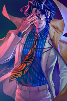 Rule 34 | 1boy, adjusting eyewear, bevel, bishounen, black hair, blue background, blue shirt, closed mouth, coat, collared shirt, commentary request, fate/grand order, fate (series), formal clothes, glasses, highres, jacket, long sleeves, looking at viewer, male focus, medium hair, necktie, orange necktie, pants, pink eyes, round eyewear, shirt, solo, striped clothes, striped shirt, vertical-striped clothes, vertical-striped shirt, white jacket, white pants, yellow coat, yoshida shouin (fate)