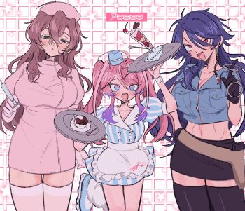 3girls absurdres amemura_ramuda apron arisugawa_dice black_gloves black_skirt black_thighhighs blue_eyes blue_hair blush breasts brown_hair cleavage crop_top cuffs dress fling_posse food genderswap genderswap_(mtf) gloves green_eyes gun hair_between_eyes handcuffs hat highres holding holding_tray hypnosis_mic ice_cream large_breasts long_hair looking_at_viewer midriff multicolored_hair multiple_girls navel ni_(yawarakahonpo) nurse_cap open_mouth parfait pink_dress pink_hair police police_uniform policewoman red_eyes short_sleeves skirt smile striped_clothes syringe thighhighs tray twintails waitress weapon white_apron white_thighhighs yumeno_gentaro