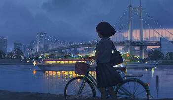 1girl bag bicycle black_hair city dusk from_behind litchi971 original overpass river short_hair yacht