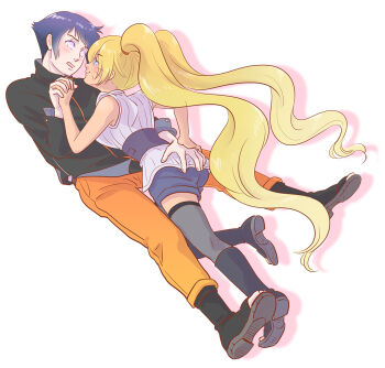 Rule 34 | black hair, blonde hair, blue eyes, breasts, cosplay, costume switch, genderswap, genderswap (ftm), grabbing another's ass, groping, holding hands, hyuuga hinata, large breasts, naruko (naruto), naruto (classic), naruto (series), naruto shippuuden, risuo, sexy no jutsu, simple background, smile, thighhighs, twintails