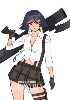 Rule 34 | 1girl, artist name, bike shorts, bike shorts under skirt, black eyes, black gloves, black hair, black skirt, bleach, breasts, cleavage, commentary, contrapposto, cosplay, devil may cry, devil may cry (series), devil may cry 3, english commentary, frown, gloves, highres, holding, holding weapon, lady (devil may cry), lady (devil may cry) (cosplay), medium breasts, miniskirt, navel, pouch, rocket launcher, serious, short hair with long locks, skirt, solo, sui-feng, thigh pouch, umbra (edits umbra), v-shaped eyebrows, watermark, weapon