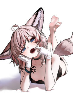 1girl absurdres ahoge animal_ears arknights barefoot black_choker blue_eyes breasts chinese_commentary choker collarbone commentary_request feet feet_up full_body gloves head_tilt highres infection_monitor_(arknights) loli lying material_growth on_stomach open_mouth oripathy_lesion_(arknights) partial_commentary pink_hair pink_tail short_hair simple_background small_breasts soles solo sussurro_(arknights) tail the_pose toes user_xapf3744 uvula white_background white_gloves