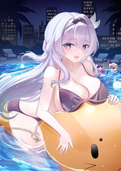 1girl :d absurdres alternate_costume aqua_hair artist_name bikini black_bikini blue_eyes blush breasts cleavage collarbone commentary_request elanore firefly_(honkai:_star_rail) gradient_hair grey_hair hair_between_eyes hair_ornament highres honkai:_star_rail honkai_(series) inflatable_toy large_breasts long_hair multicolored_eyes multicolored_hair night open_mouth pine_tree pink_eyes pool revision smile solo swimsuit tree two-tone_eyes wet