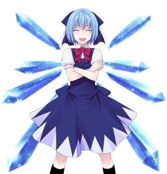 Rule 34 | 1girl, :d, black socks, blue dress, blue hair, bow, bowtie, cirno, closed eyes, collared shirt, commentary request, crossed arms, crote, dress, facing viewer, feet out of frame, hair bow, hair ornament, highres, ice, ice wings, large variant set, legs apart, open mouth, pinafore dress, puffy short sleeves, puffy sleeves, red bow, red bowtie, shirt, short hair, short sleeves, skirt, skirt set, sleeve cuffs, sleeveless, sleeveless dress, smile, socks, solo, tachi-e, teeth, touhou, transparent background, upper teeth only, variant set, white shirt, wings