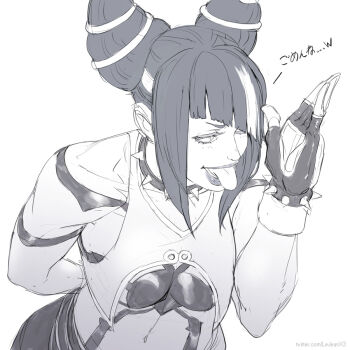 1girl bracelet breasts collar commentary fingerless_gloves gloves greyscale hair_horns han_juri jewelry monochrome rejean_dubois short_hair sketch solo spiked_bracelet spiked_collar spikes street_fighter street_fighter_6 tongue tongue_out watermark web_address