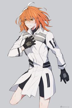 1boy black_gloves fate/grand_order fate_(series) fujimaru_ritsuka_(female) fujimaru_ritsuka_(female)_(decisive_battle_chaldea_uniform) gloves grey_background highres orange_hair shusun_sun simple_background sweat upper_body yellow_eyes