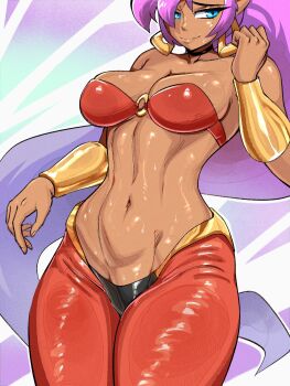 1girl arabian_clothes bandeau big_hair black_choker blue_eyes bracer breasts choker commentary dark-skinned_female dark_skin earrings genie gold_bracer harem_pants highres jewelry kodura long_hair looking_to_the_side navel pants ponytail purple_hair red_bandeau shantae shantae_(series) solo untranslatable_commentary