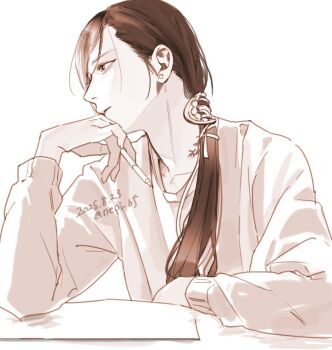 Rule 34 | 1boy, banana fish, closed mouth, collarbone, commentary request, dated, earrings, elbow rest, elbows on table, hair ornament, hair over shoulder, hair ribbon, hand on own chin, head rest, holding, holding pen, jewelry, lee yue-lung, long hair, long sleeves, looking afar, looking to the side, low ponytail, male focus, monochrome, neck tattoo, paper, pen, ponytail, profile, ribbon, shirt, simple background, solo, table, tattoo, twitter username, upper body, white background, ykmr (haga)