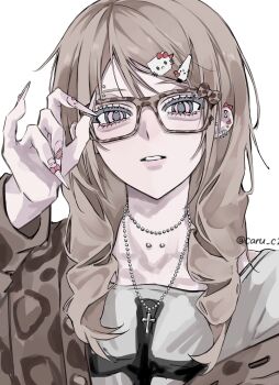 1girl aegyo_sal animal_print arm_up brown_hair caru_c1 commentary cross cross_necklace ear_piercing eyebrow_piercing face_piercing fingernails glasses gyaru hair_between_eyes hair_ornament hairclip hello_kitty_hair_ornament highres jacket jewelry leopard_print long_hair looking_at_viewer nail_polish neck_piercing necklace open_clothes open_jacket original parted_bangs parted_lips piercing pink_eyes portrait print_shirt sharp_fingernails shirt simple_background solo symbol-only_commentary white_background white_shirt