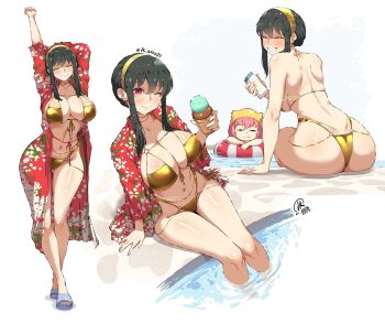 2025 2girls ;) anya_(spy_x_family) arm_behind_head arms_up ass bikini black_hair blush breasts cleavage closed_eyes collarbone commentary crossed_ankles earrings english_commentary eyepatch_bikini feet food front-tie_bikini_top front-tie_top gold_bikini gold_choker gold_hairband hair_between_eyes hairband highleg highleg_bikini holding holding_food holding_ice_cream ice_cream jewelry jk_arts large_breasts legs long_hair looking_at_viewer multiple_girls multiple_views navel o-ring o-ring_bikini one_eye_closed poolside print_robe red_eyes red_robe robe sandals sidelocks signature sitting smile soaking_feet spy_x_family stomach stretching swimsuit thighs toes toned toned_female twitter_username water yor_briar