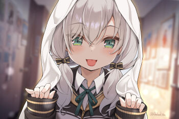 1girl ars_almal ars_almal_(4th_costume) bed_sheet blazer blue_eyes blue_jacket blush bow collared_shirt ghost_pose hair_between_eyes hair_bow hair_over_shoulder halloween halloween_costume highres indoors jacket long_hair long_sleeves looking_at_viewer low_twintails nijisanji portrait ribbon sheet_ghost shirt smile striped_bow tatami_kami tongue tongue_out twintails twitter_username virtual_youtuber white_hair white_shirt