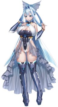 Rule 34 | 1girl, breasts, chikubushima isana, cleavage cutout, clothing cutout, colored skin, copyright name, curvy, elbow gloves, full body, gloves, hair ribbon, highleg, highleg leotard, huge breasts, impossible clothes, impossible leotard, leotard, lilith-soft, long hair, looking down, revealing clothes, ribbon, shiny skin, solo, taimanin (series), taimanin rpgx, transparent background, wide hips