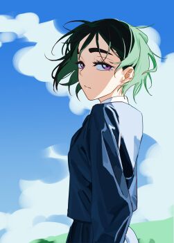 1girl absurdres alien_stage black_jacket black_skirt blue_sky closed_mouth cloud commentary english_commentary from_side green_hair highres jacket kuradrawings long_sleeves looking_at_viewer looking_to_the_side purple_eyes shirt short_hair skirt sky solo sua_(alien_stage) thick_eyebrows white_shirt