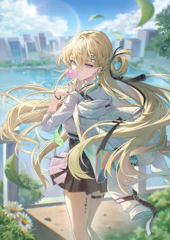 1girl absurdres aqua_hair aqua_streaks black_nails blonde_hair blowing_bubble_gum blue_sky bracelet braid braided_bangs building chewing_gum commentary day earrings falling_leaves floating_hair flower from_behind green_necktie greenapple gyaru hair_between_eyes hair_ornament hair_rings hand_up highres holding_strap jacket jewelry leaf lens_flare light_particles long_hair looking_at_viewer looking_back lynae_(wuthering_waves) miniskirt multicolored_hair nail_polish necktie outdoors pleated_skirt purple_eyes ring school_uniform shirt single_hair_ring skirt skull_hair_ornament sky solo standing star_(symbol) star_earrings strap streaked_hair tacet_mark_(wuthering_waves) thigh_strap thighs turning_head very_long_hair water white_flower white_jacket white_shirt wind wuthering_waves