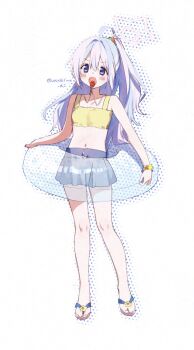1girl :o adversarial_noise ahoge alternate_costume alternate_hairstyle bead_bracelet beads bikini bikini_skirt blue_archive blue_hair blush bracelet commentary double-parted_bangs flat_chest full_body hair_beads hair_between_eyes hair_intakes hair_ornament halo highres jewelry kisaka long_hair looking_at_viewer multicolored_bikini multicolored_hair open_mouth pink_hair pink_halo ponytail purple_eyes reisa_(blue_archive) sandals sidelocks simple_background solo standing star_halo streaked_hair swim_ring swimsuit symbol-only_commentary tareme twitter_username two-tone_bikini two-tone_hair v-shaped_eyebrows very_long_hair whistle white_background yellow_bikini
