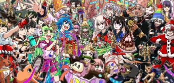 6+boys 6+girls ? absurdres ahoge animal_ears annotation_request anya_(spy_x_family) bamboo black_cat black_eyes black_hair blonde_hair blue_cat blue_eyes blue_hair blush bocchi_the_rock! boku_no_hero_academia bow cake cat chainsaw_man character_request commentary_request confetti copyright_request crossover facial_hair fingerless_gloves food fox fuecoco game_console gift glasses gloves green_cat green_eyes green_hair grin hair_ribbon hamster hamtaro_(series) hat hat_bow highres holding holding_gift horns jojo_no_kimyou_na_bouken kimetsu_no_yaiba lechonk lycoris_recoil mairimashita!_iruma-kun mob_psycho_100 multicolored_hair multiple_boys multiple_crossover multiple_girls nintendo one_eye_closed open_mouth orange_cat overwatch pink_cat pink_hair playstation_5 pochita_(chainsaw_man) pointy_ears pokemon pokemon_(creature) purple_cat purple_eyes purple_hair red_eyes red_hair red_ribbon ribbon santa_costume santa_hat school_uniform sharp_teeth skirt smile stand_(jojo) streamers teeth tongue tongue_out tsuchiyamashige two-tone_hair undersized_animal