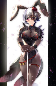 1girl animal_ears armlet armored_leotard artist_name au_ra black_pantyhose breasts bunny_day cleavage dragon_girl dragon_horns fake_animal_ears final_fantasy final_fantasy_xiv flower hair_flower hair_ornament highres horns jewelry large_breasts legband leotard lili_mdoki nontraditional_playboy_bunny pantyhose pink_eyes playboy_bunny rabbit_ears tailcoat_playboy_bunny warrior_of_light_(ff14) white_hair