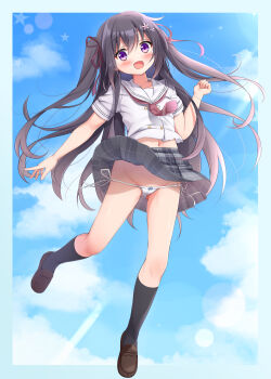 1girl black_hair black_socks blue_border blue_sky blush border bow bow_panties brown_shoes clenched_hand clothes_lift commentary_request crotch_seam floating_hair full_body grey_skirt groin hand_up kneehighs loafers long_hair looking_at_viewer lowleg lowleg_panties midriff_peek mika_miche navel necktie open_mouth original outside_border panties pantyshot pink_necktie plaid_clothes plaid_skirt pleated_skirt purple_eyes sailor_collar school_uniform serafuku shirt shoes short_sleeves side-tie_panties skirt skirt_lift sky socks solo underwear variant_set very_long_hair white_panties white_sailor_collar white_shirt wind wind_lift