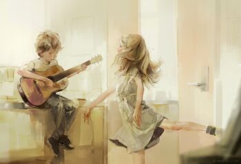 1boy 1girl aged_down armpit_peek bad_id bad_pixiv_id blonde_hair child crossed_legs dancing door dress from_side guitar instrument leg_up long_hair music original playing_instrument sitting standing standing_on_one_leg taylor_swift white_dress yukim_(merryheart)