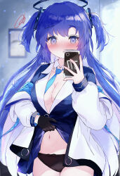 Rule 34 | 1girl, :o, absurdres, black jacket, black panties, blue archive, blue necktie, blush, breasts, cellphone, cleavage, coat, collared shirt, commentary request, hair ornament, halo, highres, holding, holding phone, indoors, jacket, looking at viewer, mechanical halo, medium breasts, necktie, open clothes, open coat, open jacket, open mouth, panties, phone, purple eyes, purple hair, shirt, smartphone, solo, standing, torabera, two side up, underwear, white coat, white shirt, yuuka (blue archive)