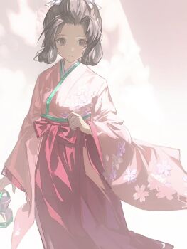 1girl ace_attorney commentary floral_print hakama japanese_clothes kimono ns404 pink_kimono red_hakama solo standing susato_mikotoba symbol-only_commentary the_great_ace_attorney