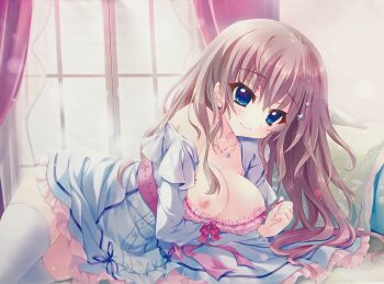 1girl 9-nine- areola_slip arm_under_breasts blue_dress blue_eyes blush bow bow_bra bra bra_pull breasts breasts_out brown_hair cleavage closed_mouth clothes_pull collarbone cowboy_shot curtains day diamond_hair_ornament dress eyes_visible_through_hair frilled_bra frilled_dress frills hair_between_eyes hair_spread_out highres indoors izumi_tsubasu jewelry kujou_miyako large_breasts long_hair long_sleeves looking_at_viewer lying necklace nipples official_alternate_costume official_art on_bed on_side photo_(medium) pillow pink_bra presenting_breasts pulling_own_clothes red_bow single_bare_shoulder smile solo split_mouth star_(symbol) star_necklace thighhighs third-party_source underwear white_thighhighs window zettai_ryouiki