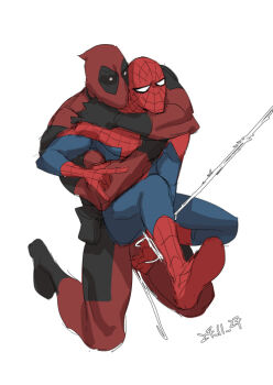 2boys bad_source bodysuit deadpool deadpool_(series) marvel multiple_boys ranyues silk spider-man spider-man_(series) spider_web yaoi