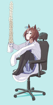 1girl agnes_tachyon_(umamusume) ahoge animal_ears black_pantyhose brown_hair chair closed_mouth coat coffee cup earrings hair_between_eyes highres holding holding_cup horse_ears horse_girl jewelry lab_coat miniskirt no_shoes office_chair pantyhose peroponesosu. pleated_skirt short_hair simple_background single_earring sitting skirt sleeves_past_fingers sleeves_past_wrists smile solo stack sugar_cube swivel_chair umamusume white_coat wolf_cut