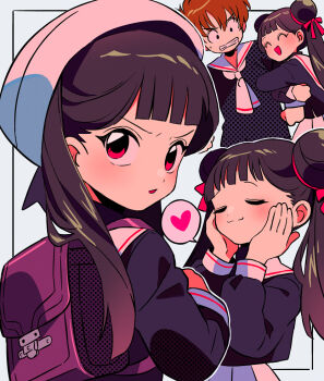 Rule 34 | 1boy, 1girl, ^ ^, bag, black hair, blunt bangs, blush, brown hair, cardcaptor sakura, closed eyes, double bun, hair bun, hands on own cheeks, hands on own face, hat, heart, li meiling, li syaoran, locked arms, looking back, multiple views, sailor collar, sanamaru (sana79261827), school bag, school uniform, spoken heart, tomoeda elementary school uniform, twintails